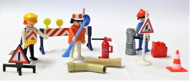 u3311 / Playmobil ® Baustelle Absperrung 3 Arbeiter Stampfer Benzin Rohre Schild