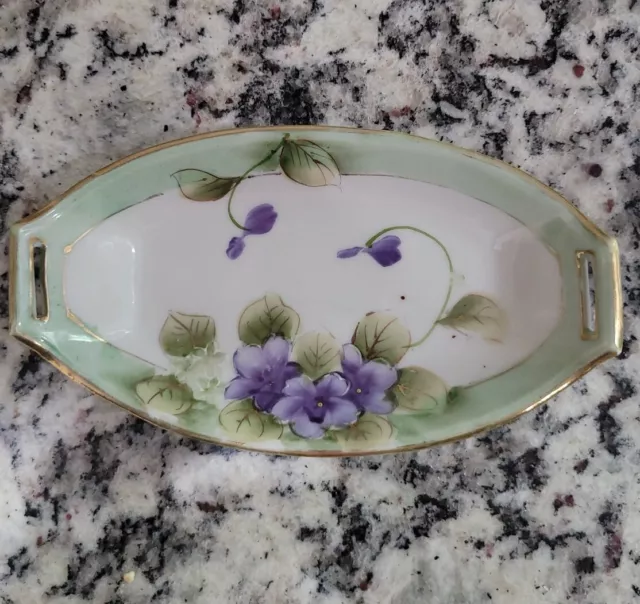 Retired EOC10  Nippon Violets Green Band, Gold Trim Salt Celery Dish