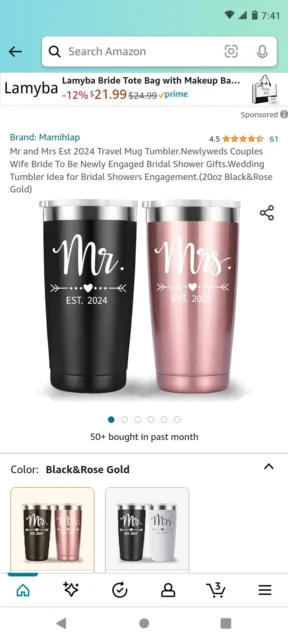 Mr and Mrs 20oz Tumbler Set - BPA Free - Stainless Steel - Black/Rose Gold