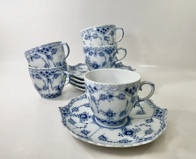5x Royal Copenhagen Blue Fluted Full Lace 1035 Coffee Cups & Saucers Set 5x Royal Copenhagen Blue Fluted Full Lace 1035 Coffee Cups & Saucers Set