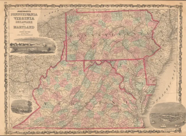 1862 Johnson Virginia PA DE MD antique map 26.6" x 18.1" nice color - Richmond