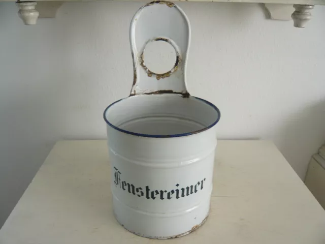 Alter Emaille „Fenstereimer“ Shabby Chic Vintage Emaille Weiss Blau Brocante