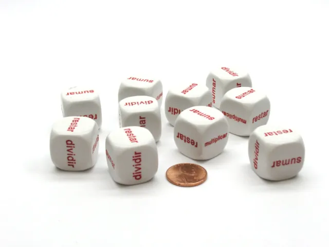 Pack of 10 20mm Math 4 Function Word Dice, Spanish - White with Red Words