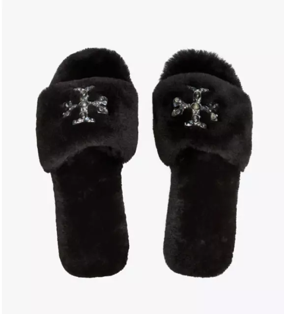 Tory Burch Jeweled Logo Shearling Slides Black  Size 10 (New in Box) $298