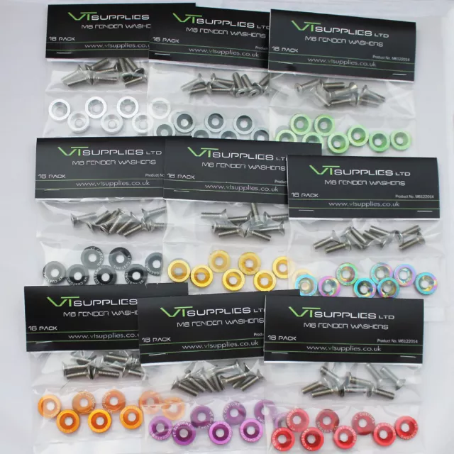 [20 Peice Kit] M6 Plain Anodized Aluminum Fender Washers & Bolts Engine Dress up