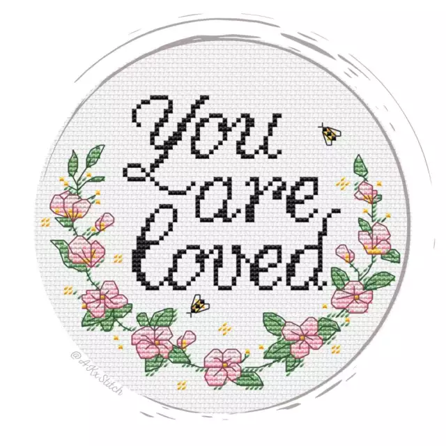 You are loved Cross Stitch Kit and Printed Pattern Chart, Floral Wreath Love Emb