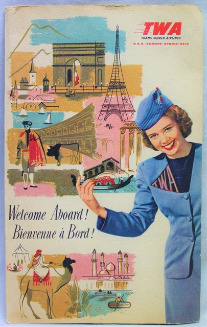 TWA TRANS WORLD AIRLINES WELCOME ABOARD SOUVENIR FOLDER FOR BROCHURES 1950s