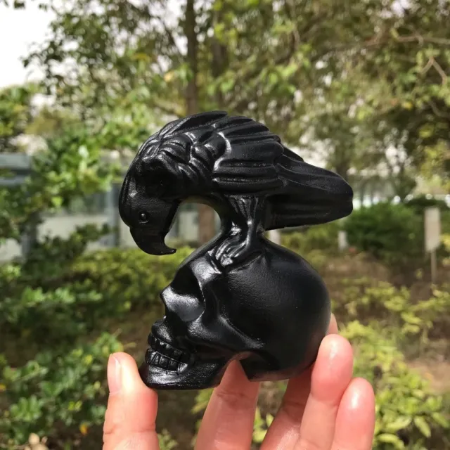 TOP! Natural Obsidian Quartz Hand Carved raven Skull Crystal Reiki healing