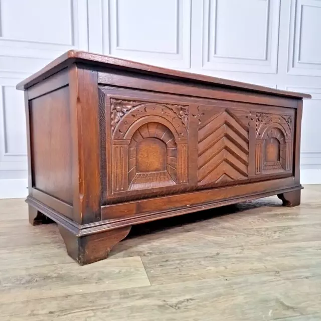 Antique Vintage Carved Solid Wood Blanket Box Mule Chest Trunk Table Coffer Oak