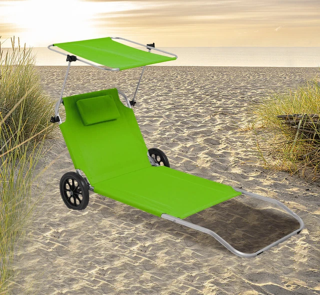 SONNENLIEGE MIT ROLLEN klappbar Dach Strandliege Transportliege Trolley