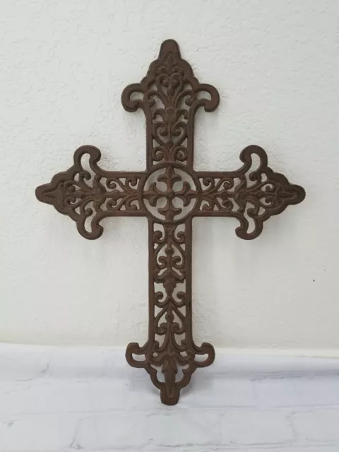 Cast Iron VICTORIAN STYLE Fleur De Lis Wall Cross Rustic Decorative Finish Decor