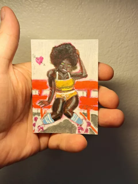 aceo original art card acrylic ink "sexy girl skate" (ooak) Limit 1/1 signed OBO