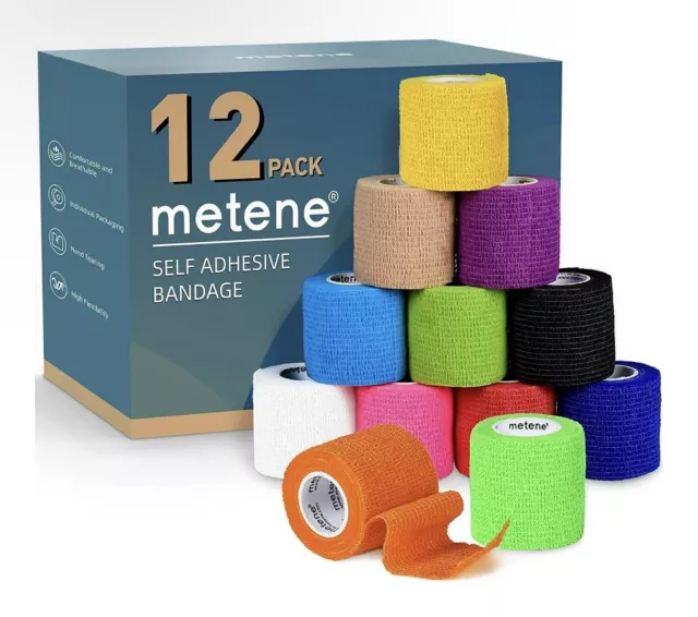 Metene Adhesive Bandages 12 Pack, Athletic Tape 2 inches x 5 Yards(Rainbow)