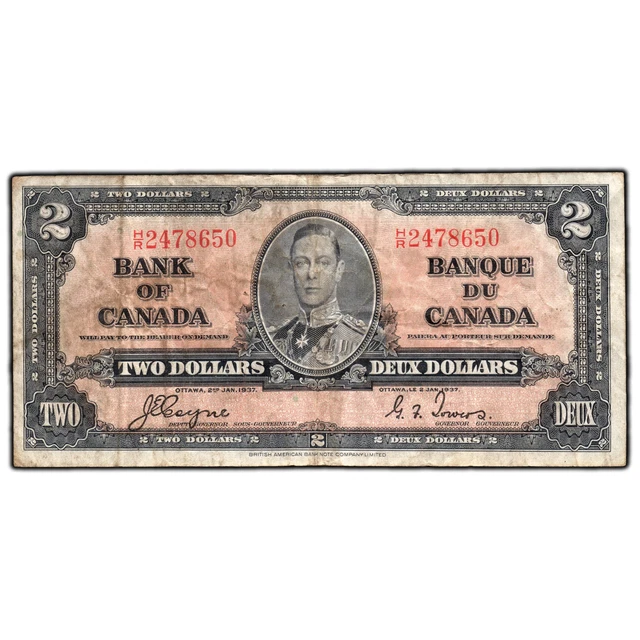 $2 1937 Bank of Canada Note Coyne-Towers H/R Prefix BC-22c