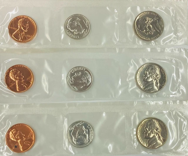 3 Set 1963 Gem Proof Cent, Nickel and Silver Roosevelt Dime in Mint Cellophane