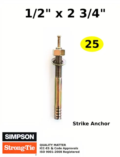 (QTY 25) 1/2 x 2 3/4 Strike Concrete Wedge Anchors Hammer Drive Pin Anchor Bolts