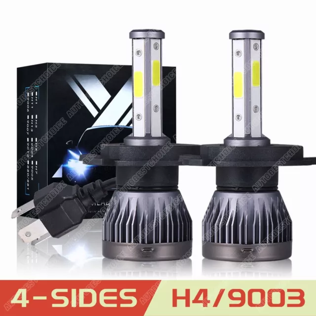 Pair 4-Sides H4 9003 LED Headlight Bulbs Kit High Low Beam 6K White Super Bright