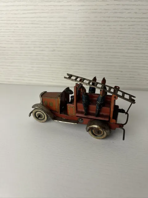 Antique KELLERMAN-FISCHER Wind Up Penny Toy FIRETRUCK All Original Works! NO KEY