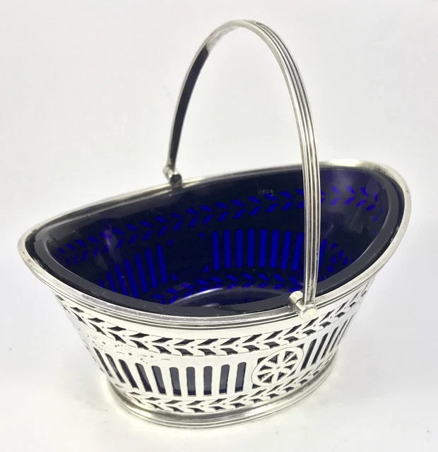 Cesto zucchero argento massiccio piatto fodera blu cobalto 1894 Fenton Brothers