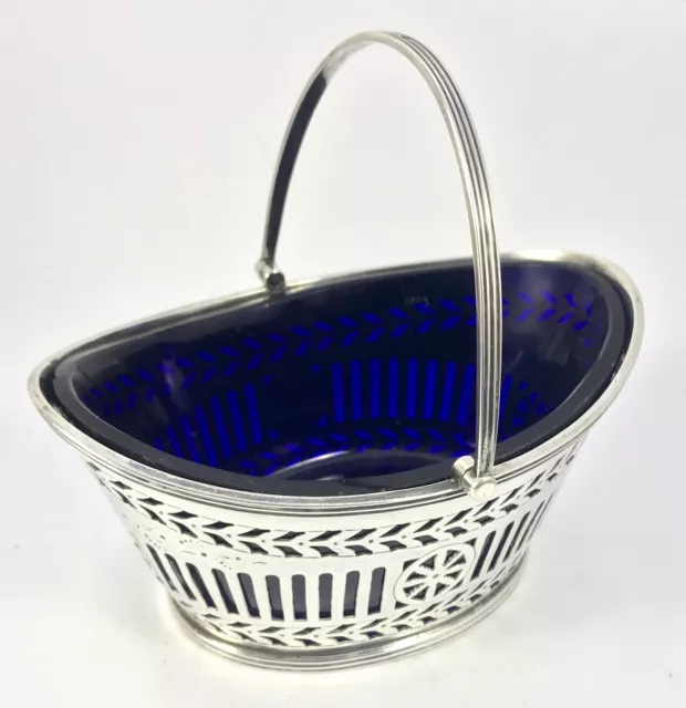 Solid Silver Sugar Basket Dish Cobalt Blue Liner 1894 Fenton Brothers