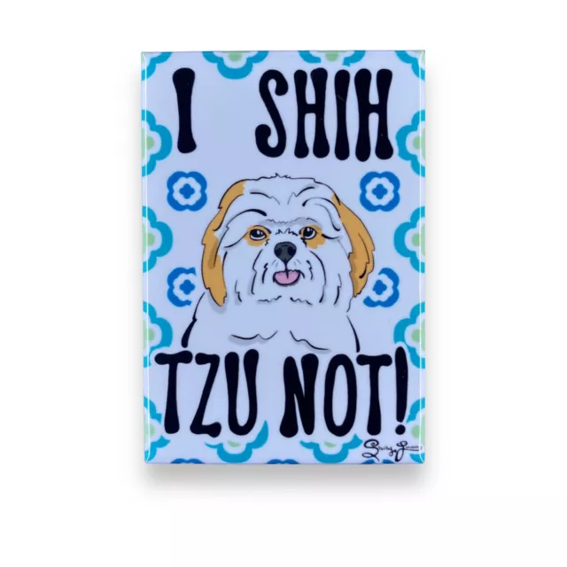 Funny Shih Tzu Magnet Retro Pet Portrait Decor Gift Handmade 2x3" tan & white