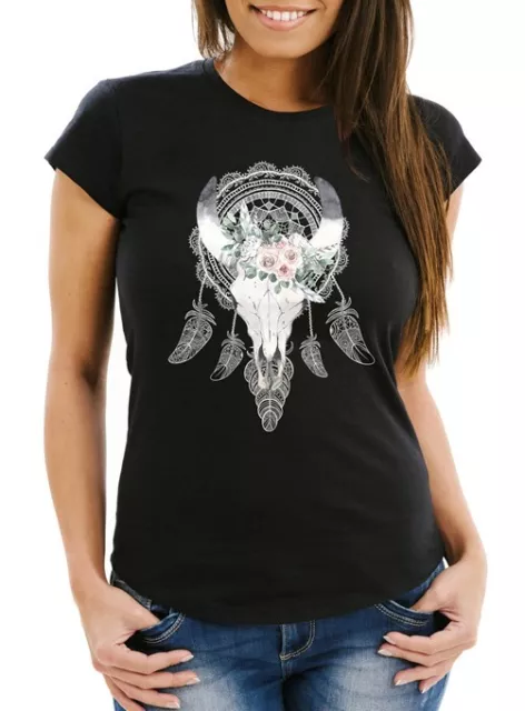 Damen T-Shirt Boho Skull Totenkopf Schädel Traumfänger Dreamcatcher Bohamien