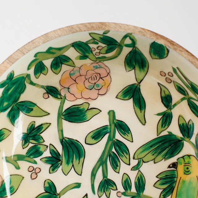 OpalHouse Mango Wood Lacquered Parrot Tropical Serving Bowl Hand Painted 10"Wide 3
