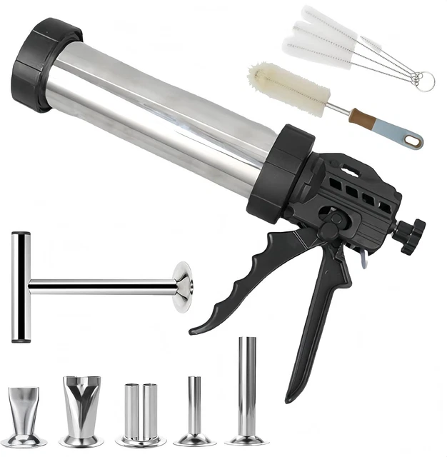 Jerky Maker Pistolen-Set mit 6 Edelstahldüsen und Reinigungsbürste, Jerky Gun für Hackfleisch, Wurstfüller, professionelles Fleischfüller-Set (L, Pfund, 2,0