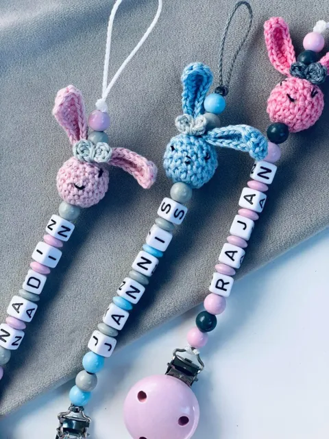 Schnullerkette mit Namen Mädchen Junge Hase Rosa Blau & Pink Baby Geschenk