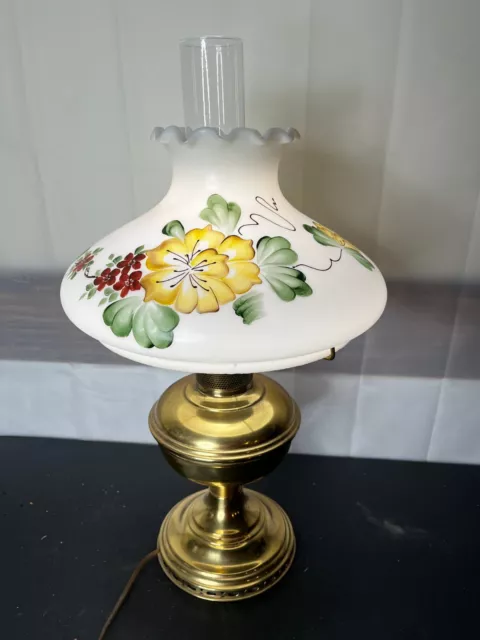 Aladdin Model Brass No. 11 Electric Oil Hurricane Lamp floral shade