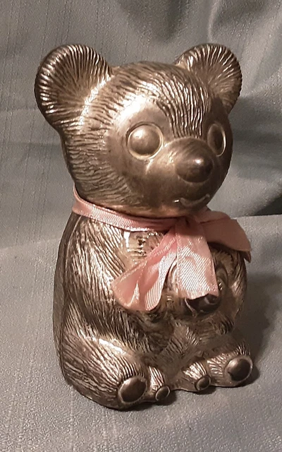 Vintage Children's Silverplated Mama & Baby Teddy Bear Piggy Bank Coin Bank