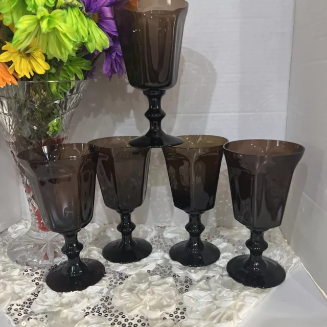 LENOX Antique Brown Water Wine Glass Goblets Footed Paneled Glasses Set of 5