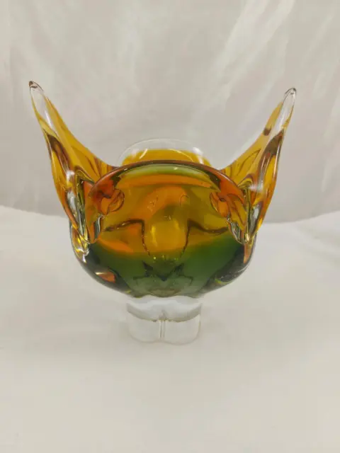 Chribska Cat Head Amber Green Orange Czech Art Glass Vase by Josef Hospodka