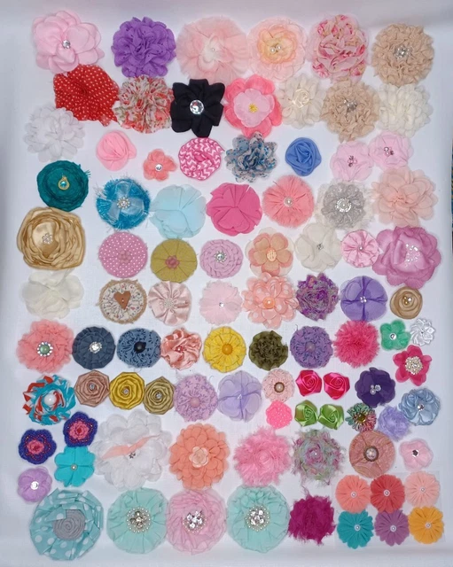 Enorme Lote de Tela Flores Redondas Adornos Florales Artesanía 90 Piezas