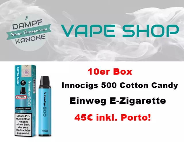 INNOCIGS 500 Einweg VAPE bis 500 Züge 17mg COTTON CANDY ZUCKERWATTE - 10er Box