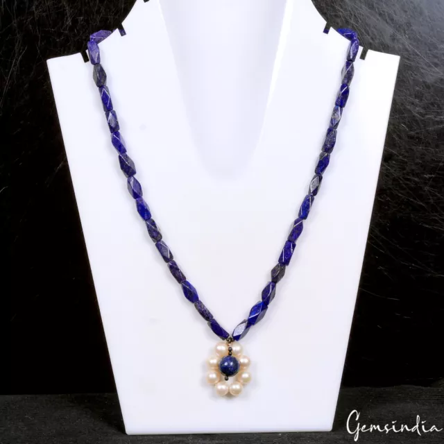 200+ Ct Natural Blue Lapis Lazuli Fresh Water Pearl Beaded Handmade Necklace 18"