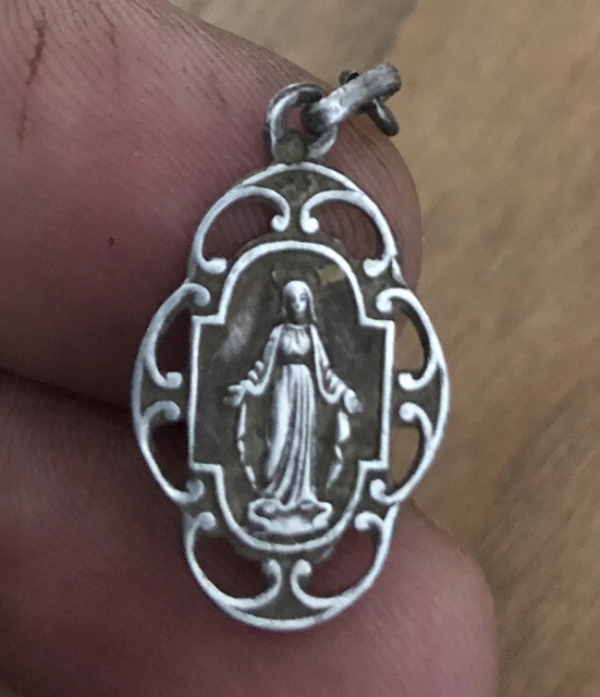 Broche Ancienne Médaille Argent Vierge Marie - Bijou Vintage Signé 2057 - Occasion Magnifique