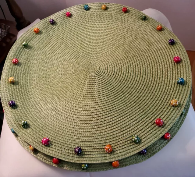 Round Woven Green Placemats Braided  Beaded Table.Decor Dining Kitchen Set 4