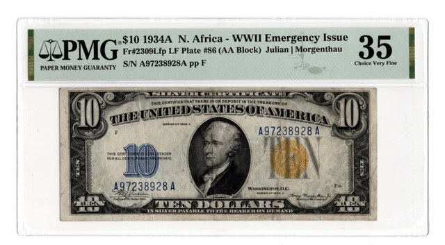 $10 1934A North Africa WWII Emergency Issue Fr. 2309Lfp LF Plate #86 - PMG 35