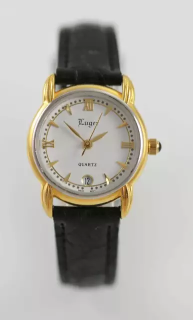 Luger White Womens Stainless Silver Gold Black Leather Quartz Battery Date Watch