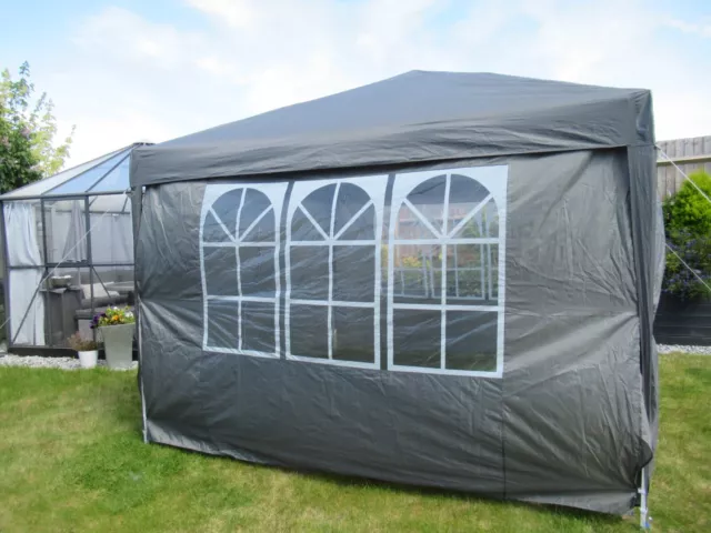 POP UP GAZEBO 3m by 3m WITH 4 SIDES: 2 WINDOWS, 2 ZIPPED, WEATHERPROOF, GREY