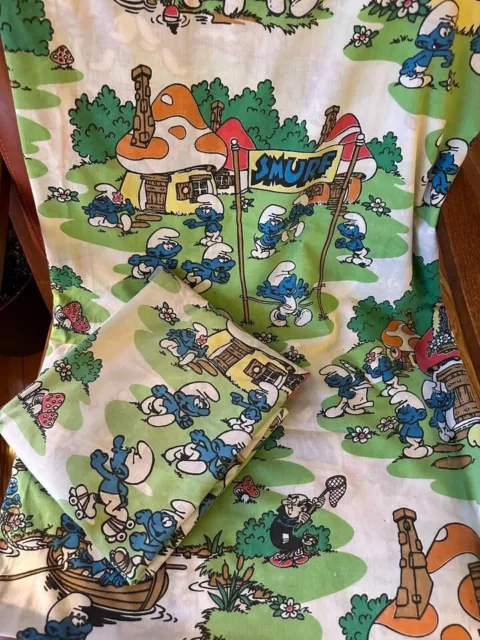 Vintage 1980s Smurf's Twin Flat & Fitted Bed Sheet Set no Pillowcase