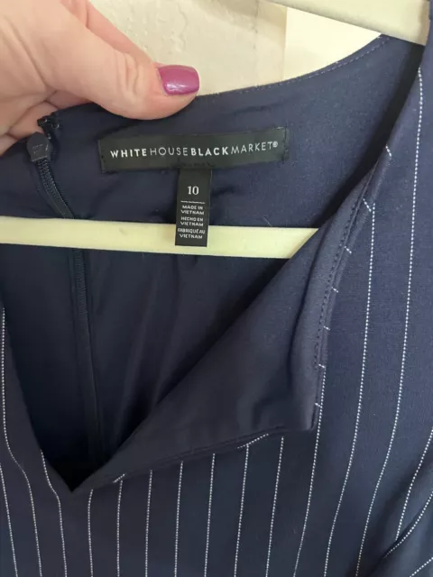 White House Black Market Black Rayon blend Striped Blouse 10 V neck Knit Top 3