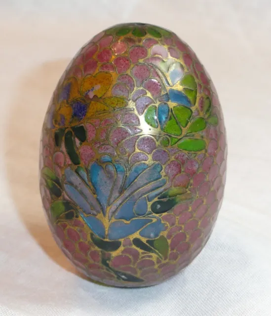 Cloisonne Easter Egg with Blue Flowers Green Leaves Purple & Gold Scales Hollow