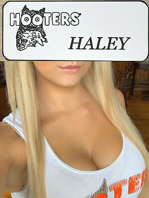~NEW~HOOTERS Girl Uniform Fun Collectible Pin Badge Tag White HALEY NAME TAG