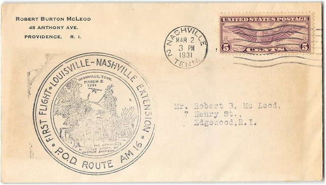 FFC First Flight Air Mail Mar 2 1931 16N10 Route AM16 Louisville Nashville