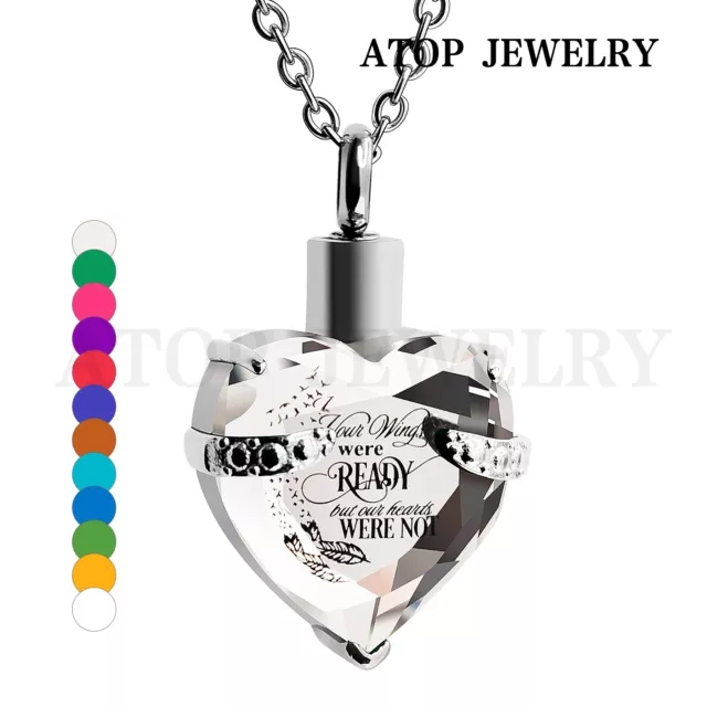 Crystal Heart Cremation Pendant Ashes Keepsake Memorial Urn Necklace 12 Colours