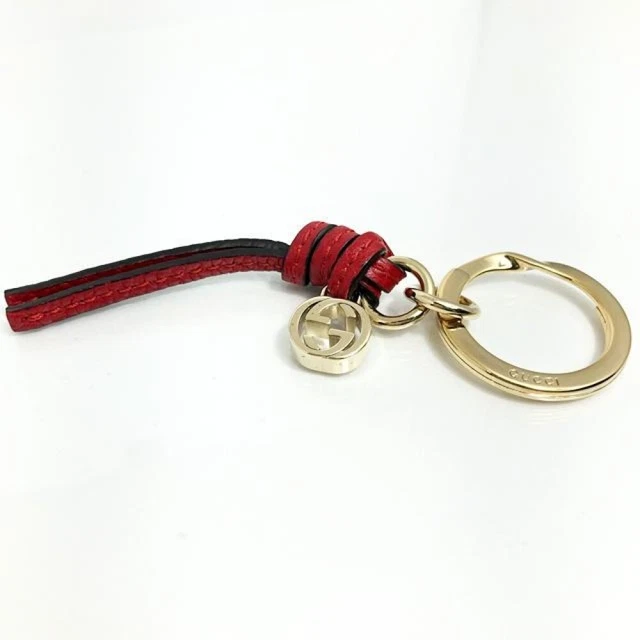 Authentic GUCCI Red Leather Gold Interlocking Charm Keyring 11cm Made In Italy