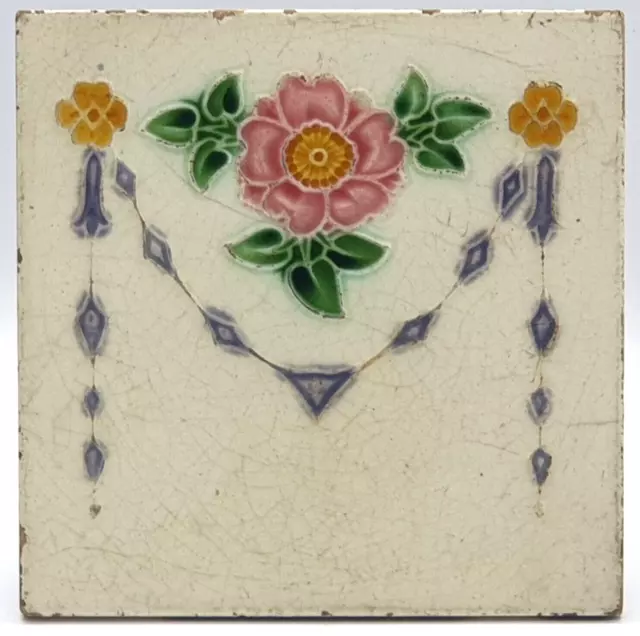 Antique Fireplace Tile Relief Moulded Floral Design Lea & Bolton C1920