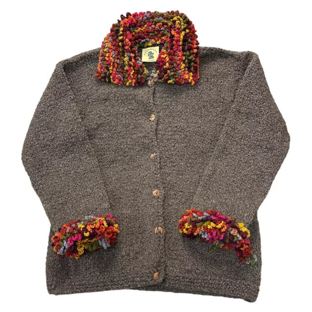 Pachamama Wool Hand Knit Cardigan Chunky Heavy Brown Sweater Womens XL